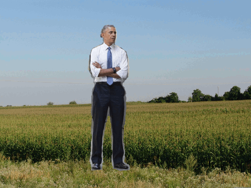 Animation of President Obama standing in a field. After a little bit, he says 'So Long, Suckers' and puts on a jetpack and flies away.